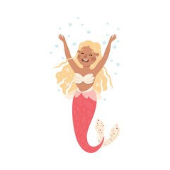 Mermaid with Wavy Hair Floating Underwater Vector Illustration