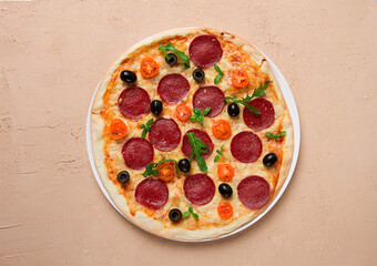 Pepperoni pizza, with olives and cherry, homemade, on a beige background, top view, no people,