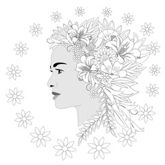 Girl with flowers on her head for coloring book. Vector illustration