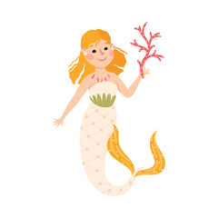 Mermaid with Wavy Orange Hair Floating Underwater Holding Coral Vector Illustration