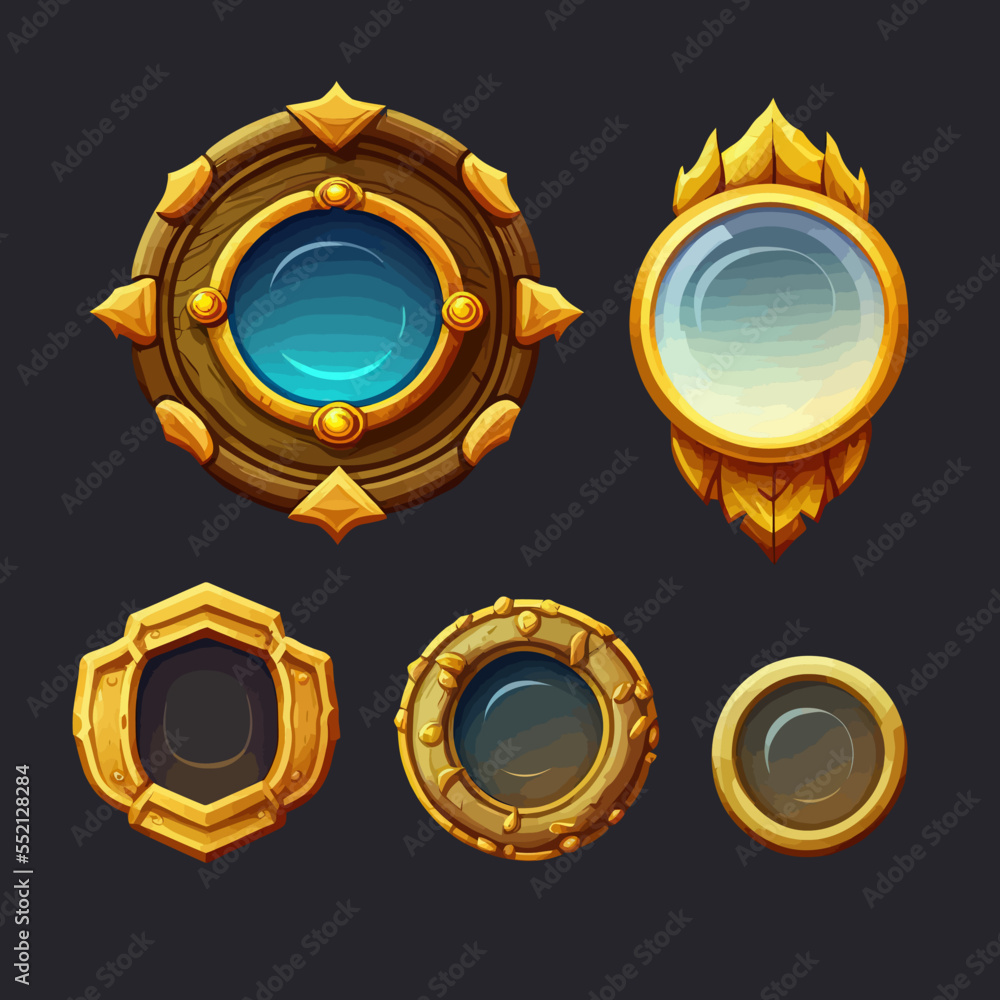 Poster a set of colorful game level frames isolated on the background. cartoon round user interface avatar 