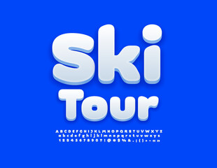 Vector advertising Sign Ski Tour. Snow White Font. Creative 3D Alphabet Letters and Numbers set