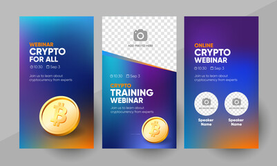 Crypto online webinar social media story template. Background and bitcoin illustration for cryptocurrency webinar banner design with a place for a picture in vector. 