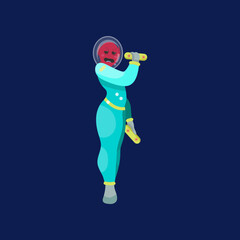 Astronaut training with dumbbells on dark blue background. Alien character in space suit cartoon illustration. Futuristic, UFO concept