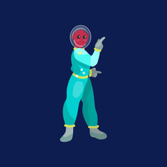 Astronaut making attention gesture on dark blue background. Alien character in space suit cartoon illustration. Futuristic, UFO concept