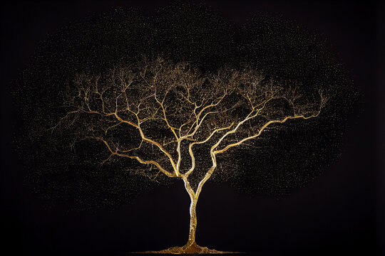 Elegance and luxury. Golden tree and thin branches with sparkling sparks on a black background. Minimalist graphics for a unique visual impact.