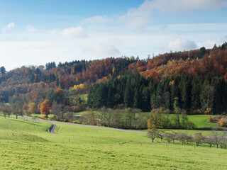 Herbstfarbene Landschaften im Kanderntal. Wandern entlang Nussackerweg oben Landstrasse 132...