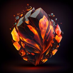Shiny Crystal fire opal gem isolated on black background. Natural precious mineral stone artistic illustration. Decorative orange fire opal crystal realistic gemstone poster.