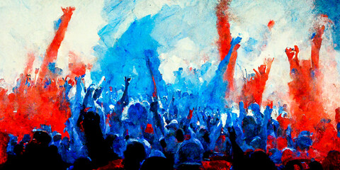 Silhouette of the crowd showing their enthusiasm under blue, white and red spotlights creating a tricolor smoke effect. A strong image to illustrate the musical energy.