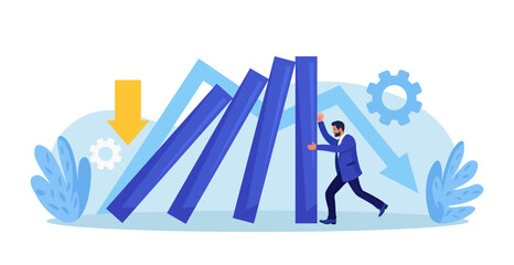 Obraz premium Businessman pushing falling domino line for stopping chain reaction. Business crisis management, risk protection. Entrepreneur helps stop collapsing dominos. Insurance of company, solving problems