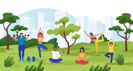 Sporty family in park. City park activity, season walk pleisure. Street workout. Happy women practicing yoga, meditation outdoors. People working out, stretching, cardio and strength physical activity