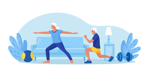 Senior couple doing fitness exercises, yoga at home, practicing meditation. Grandpa and grandma doing sport workout. Physical activity and health care for elderly people. Stretching, tree pose