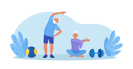 Senior couple doing fitness exercises, yoga at home, practicing meditation. Grandparents doing sport workout. Physical activity and health care for elderly people. Stretching, lotus pose