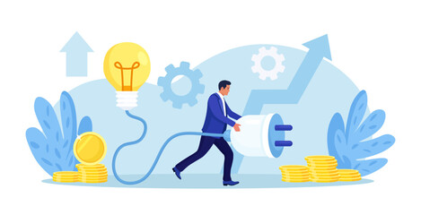 Businessman holding electrical plug with cord, connecting light bulb to power outlet. Business idea, solution. Investment in new project development, startup. Search for ideas and brainstorming