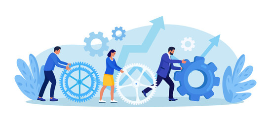 Business organization. Teamwork. People working together to help success mission. Businessmen are engaged in business promotion. Cooperation or community concept. Employees create mechanism with cogs