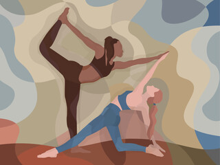 Pair yoga. Two women practice yoga, sports, stretching, pilates. Vector illustration.