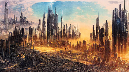 Obraz premium Fantasy futuristic city, digital generative ai illustration in pen hand drawing style