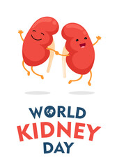 World kidney day vertical poster with cartoon characters joyful jumping. International human healthy kidneys care celebration placard. Genitourinary system internal organ mascot on holiday banner. Eps