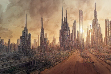 Fototapeta na wymiar Fantasy futuristic city, digital generative ai illustration in pen hand drawing style