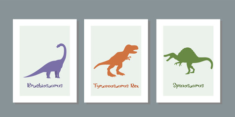 Three frame set of illustrations with cute dinosaurs on a white background. Hand drawn cartoon dinos vector for children, girl, boy. For postcard, wall, poster kids room fabric fashion shirt clothes.
