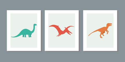 Three frame set of illustrations with cute dinosaurs on a white background. Hand drawn cartoon dinos vector for children, girl, boy. For postcard, wall, poster kids room fabric fashion shirt clothes.
