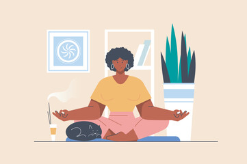 Yoga practice concept with people scene in flat design. Woman sitting in lotus position and doing meditation at home and improves mental health. Vector illustration with character situation for web