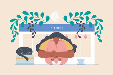 Critical days concept with people scene in flat design. Woman hugs herself during her menstrual period and marks dates on calendar with drops. Vector illustration with character situation for web