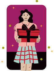 Female Holding Present Gift Box Decorated With Ribbons Flat Vector Illustration