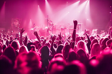 The crowd dances in fervor under a pink light, the smoke mixes and creates an intimate and energetic atmosphere. A perfect image for the rock scene and event related subjects.