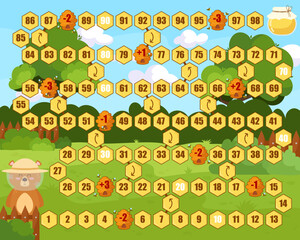 Board game for children “Help the bear find honey.” Teddy bear looking for honey in flat style.