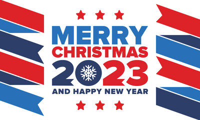 Merry Christmas and Happy New Year 2023. Magic holiday poster with snowflake. Winter celebration event. Christmas party. Congratulation card. Festive design template. Vector illustration