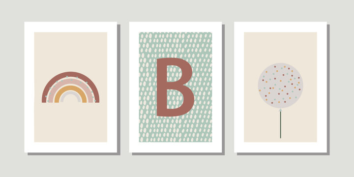 Kids, child art interior home decor. Letter B. 3 pieces frame canvas wall art. Colorful prints with shapes, Rainbow, balloon. Element for design. Three vertical frame posters on floor with white walls