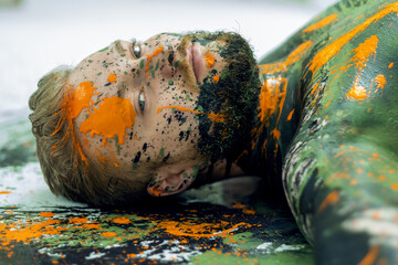 portrait of young sexy naked man, bodybuilder in olive green, black, orange, camouflage color painted, decorative