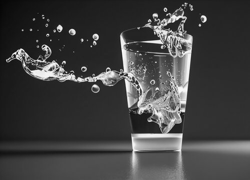 A glass of water whose explosion creates a splash captured in image. Dynamic and creative, this photo transmits a strong emotion.