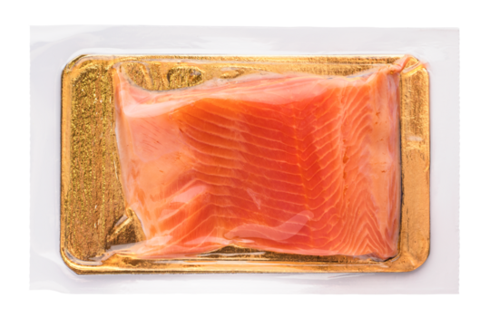 Salmon fillet in vacuum packaging on a transparent background. Isolated object as an element for design. top view