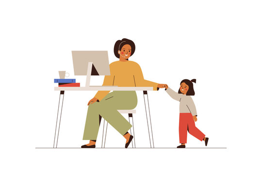 Business woman work at home and care about her daughter. Single mother has remote job. Female freelance worker with child at workplace. Maternity and career concept. Vector illustration