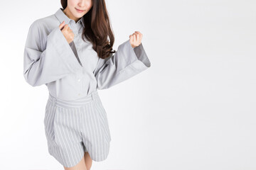 Close up attractive Asian girl smiling on white background with copy space.