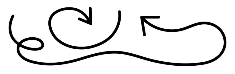 Black curly arrows isolated on a white background. Arrows of various shapes. Vector clipart. Arrow set.