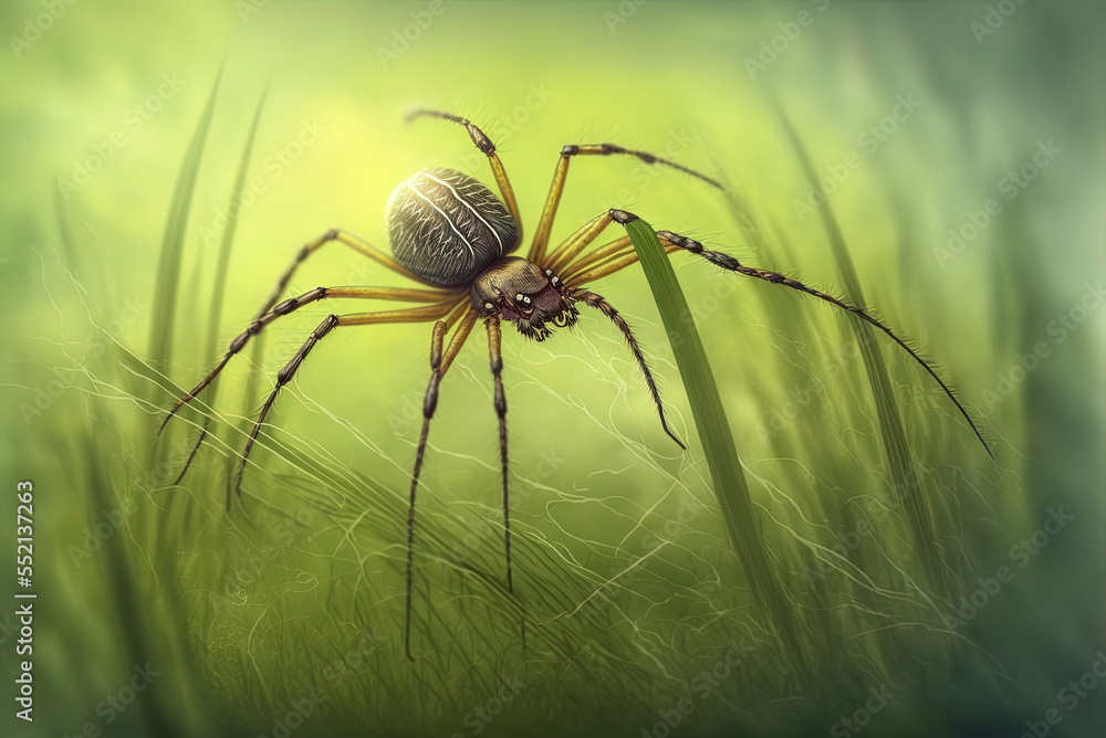 Poster grass with a funnel-web spider perched on it in a meadow generative ai
