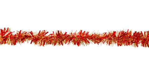 Red and golden tinsel string. Christmas decoration close up. Png isolated with transparency