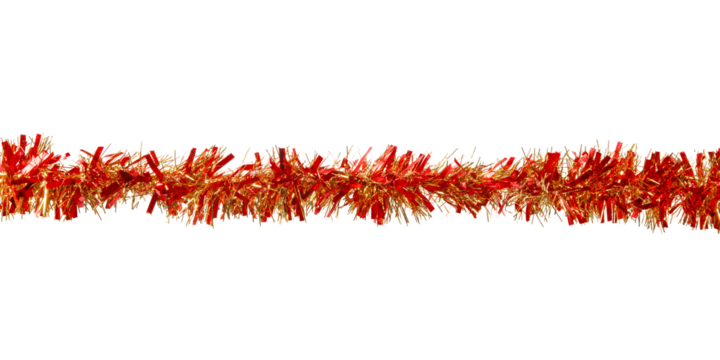 Red and golden tinsel string. Christmas decoration close up. Png isolated with transparency