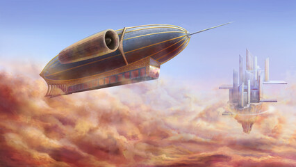 Wallpaper in steampunk style, with an airship, an airship traveling between cities, across the sky and making transportation, against the background, sunset, dawn clouds and an air city © Nataliya Zotova