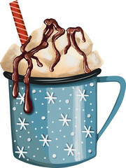 Cup with winter hot coffee. Cappuccino or cocoa with decoration. cream, marshmallow and caramel tube.