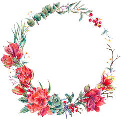 Watercolor red flowers round frame, Amaryllis, eucalyptus, tropical leaves and succulents, botanical natural vintage illustration transparent png
