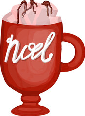 Cup with winter hot coffee. Cappuccino or cocoa with decoration. cream, marshmallow and caramel tube.