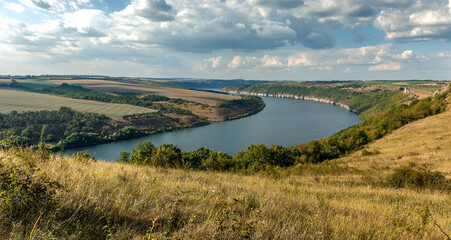 Scenic panorama view of Dnister River in Ukraine. Incredible nature landscape. Amazing autumn...