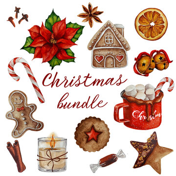 Set of watercolor christmas doodle and winter stickers isolated on white background. Set of hand drawn gingerbread cookies, candle, candy cane, dry orange, poinsettia, jingle bells and hot chocolate.