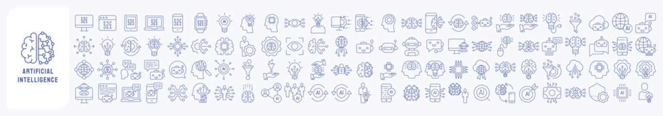 Artificial intelligence and Machine learning Icon set, including icons like system, computer, learning, algorithms, robot, bot, programming, computer, technology more. Vector illustrations