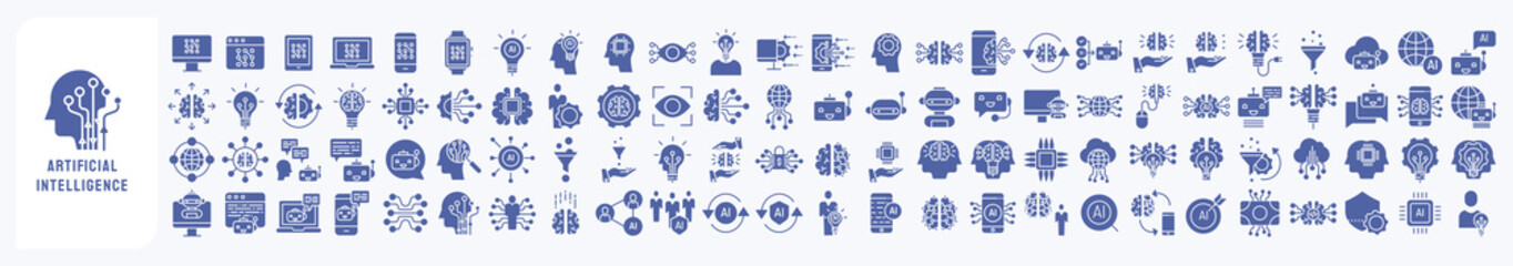 A collection sheet of solid icons for Artificial intelligence and Machine learning Icon set, including icons like system, computer, learning, algorithms, robot, bot, programming, computer