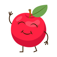 Sweet apple fruit. Breakfast food character with cute face. Funny healthy food on white background